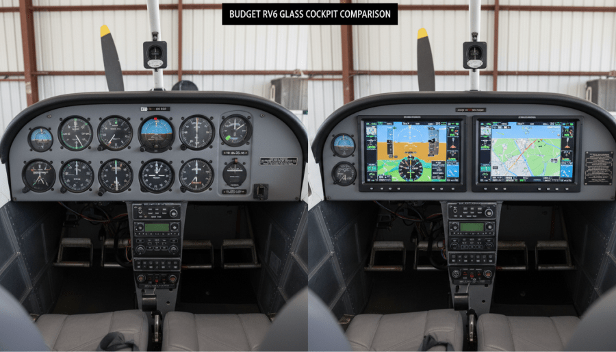Side-by-side view of a Budget RV6 aircraft cockpit showing analog gauges on left and glass cockpit displays on right.