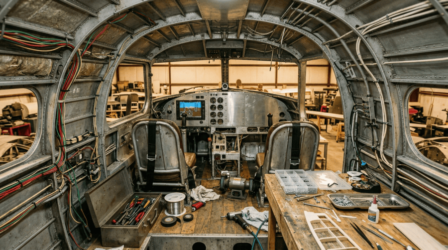 Exposed aircraft cockpit under restoration in a workshop
